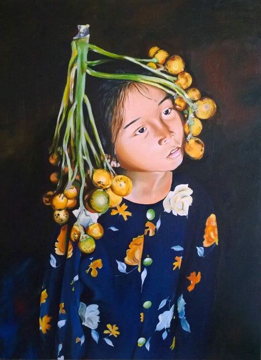 a girl with fruits