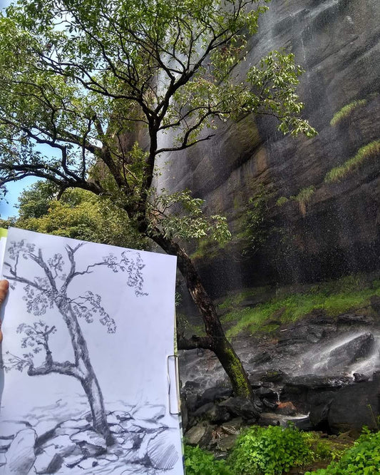 tree under waterfall
